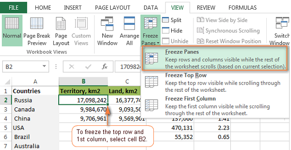 Cố định các hàng và cột nâng cao trong Excel