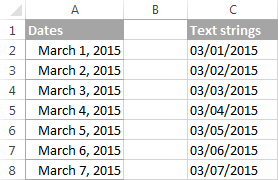 Dates converted to text strings in the default short date format