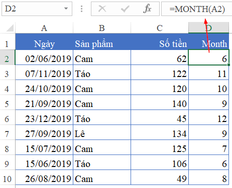 Hàm MONTH trong Excel