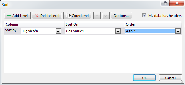 Sắp xếp tên theo thứ tự bảng chữ cái trong Excel