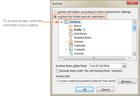 To archive all emails, calendars, and tasks, select the root folder in your Outlook mailbox.