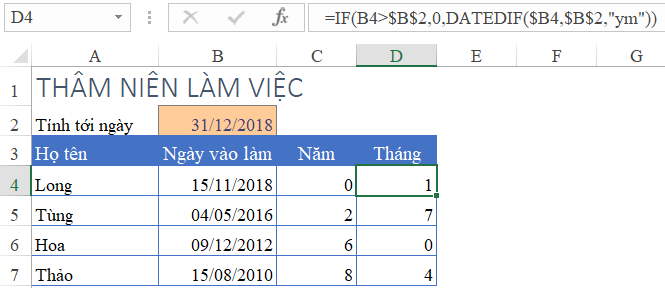 Tính thâm niên trong Excel