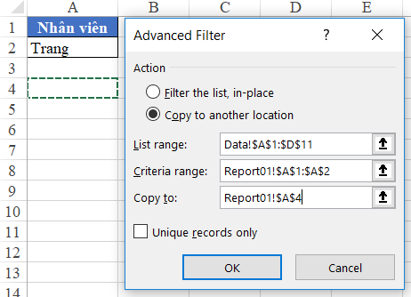 Tách dữ liệu sang một trang tính khác trong Excel