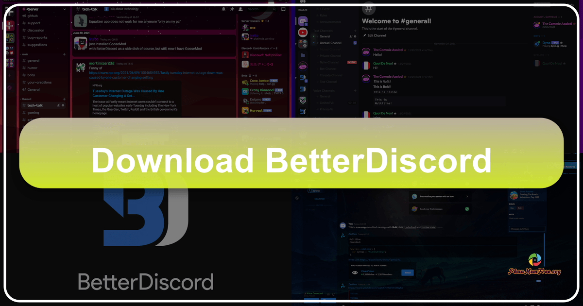 BetterDiscord enhances Discord with customizable plugins and themes for improved functionality and visual appeal. /images/download-betterdiscord.png