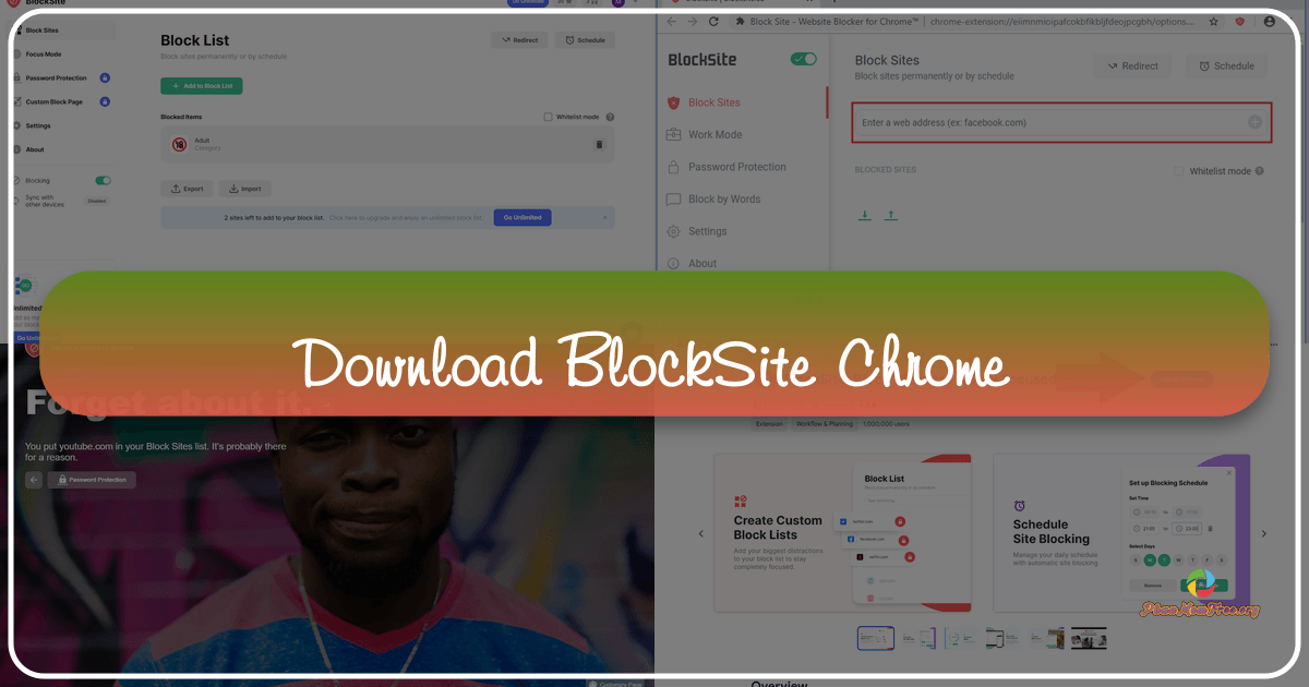BlockSite: A simple and effective website blocking application for productivity and online safety with various features. /images/download-blocksite-chrome.png