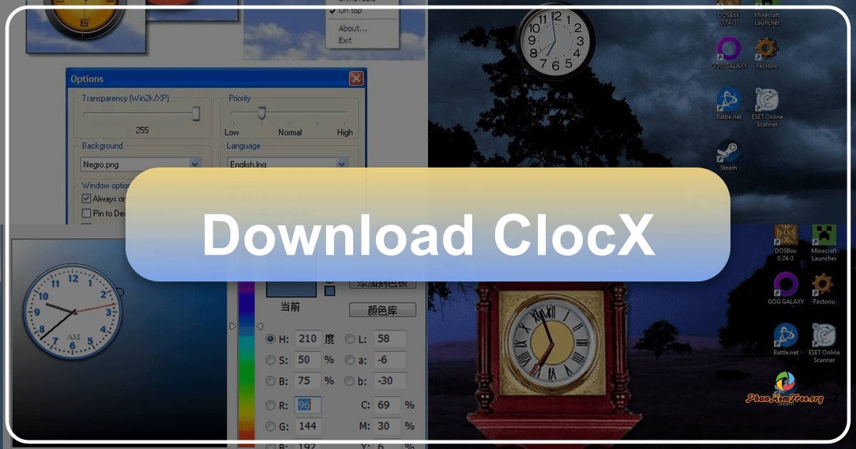 ClocX: A customizable desktop clock with alarm functionality and extensive skin options for Windows users. /images/download-clocx.png