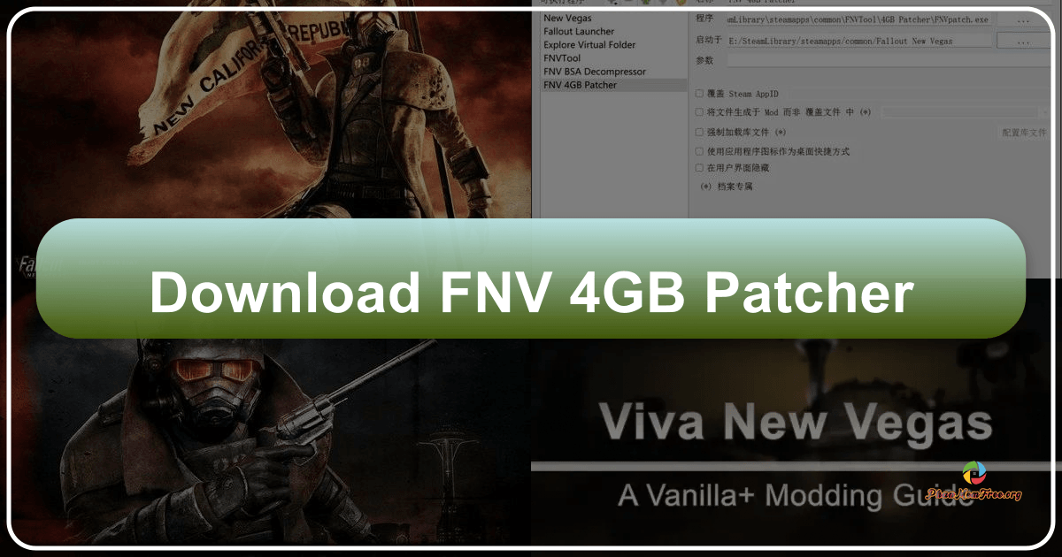The FNV 4GB Patcher improves Fallout New Vegas' performance and stability by expanding its memory limits. /images/download-fnv-4gb-patcher.png