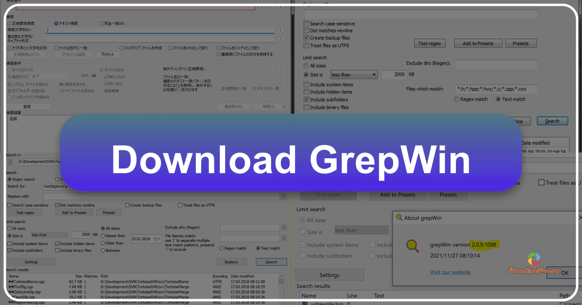 grepWin: A free, powerful, and customizable file search utility for Windows with advanced features and filtering options. /images/download-grepwin.png