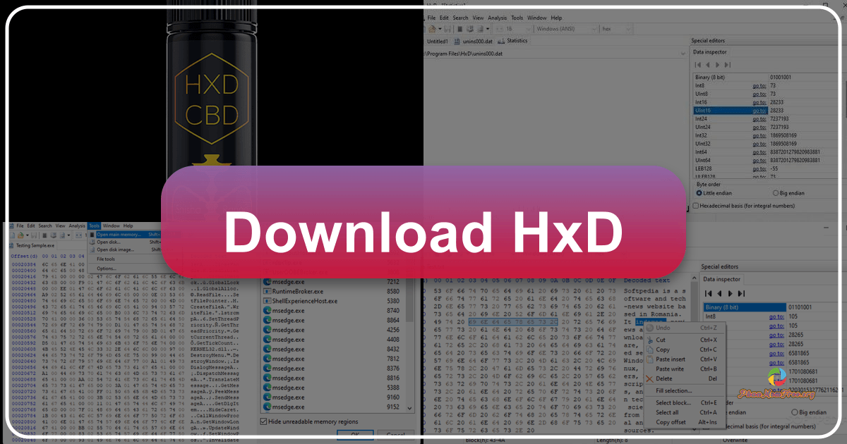 HxD Hex Editor is a free, powerful, and feature-rich hexadecimal editor for binary file manipulation and inspection. /images/download-hxd.png