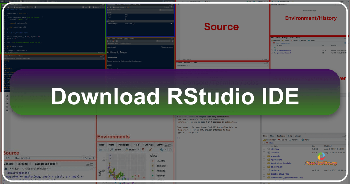 RStudio IDE: A comprehensive data science environment for R and Python development, analysis, and visualization tasks. /images/download-rstudio-ide.png
