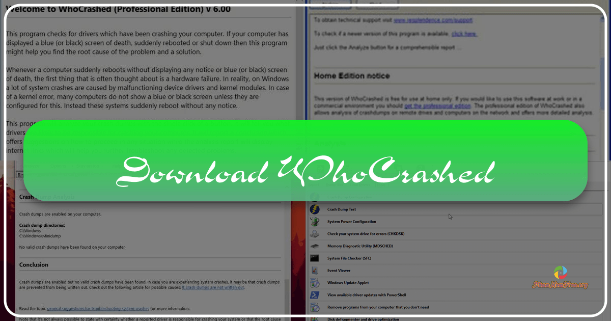 WhoCrashed: A free Windows utility analyzing system crashes and identifying potential causes for effective troubleshooting. /images/download-whocrashed.png