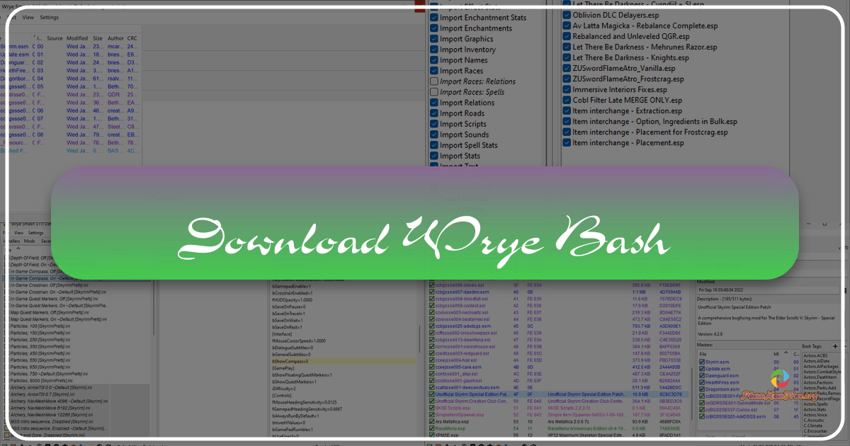 Wrye Bash: A comprehensive mod management tool for Skyrim and Creation Engine games, streamlining the modding process. /images/download-wrye-bash.png